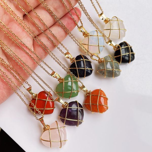 

wire wrapped natural crystal pendant necklace for women lovely heart shaped stone pendulum amehtysts opal purple crystal choker, Silver