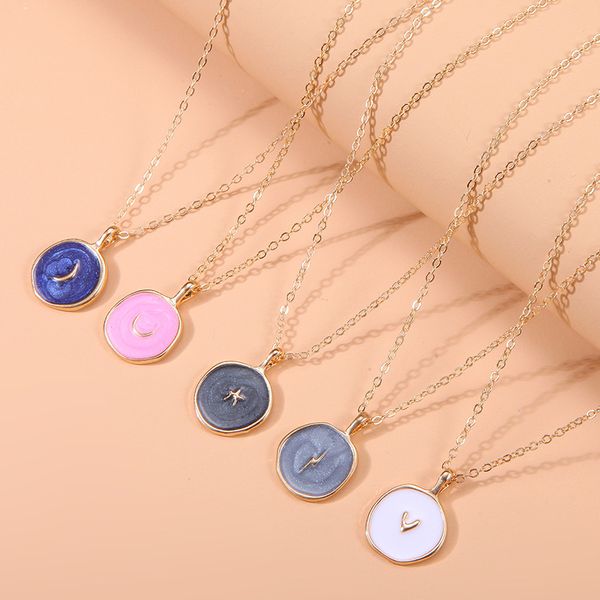 

bulk price ladies alloy dripping oil pendant necklaces geometric love moon lightning star female clavicle necklace gift, Silver