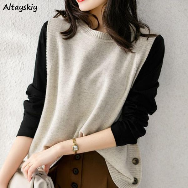 

women's vests o-neck sweater women elegant loose sleeveless knitted sweaters side-button all-match stylish solid cozy ulzzang 220325, Black;white