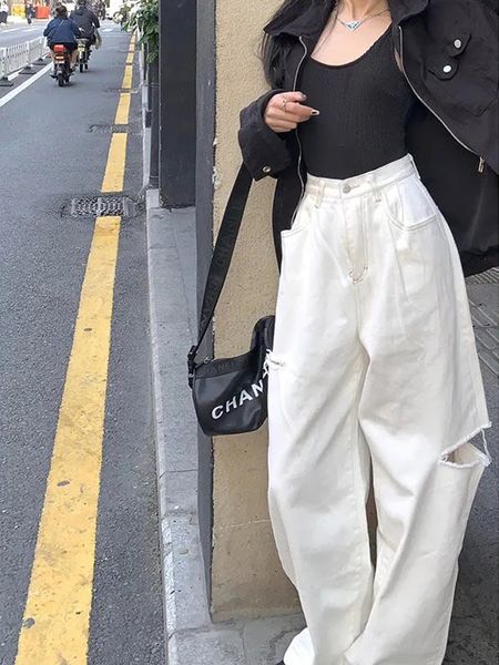 

women's jeans houzhou y2k hollow out white baggy jeans women korean fashion oversize high waist wide leg denim panrts straight trousers, Blue