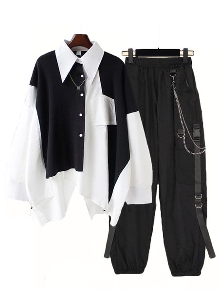 

women's two piece pants women streetwear twopiece suit splice chain long sleeveribbon harajuku cargo 2 sets outfits 230325, White