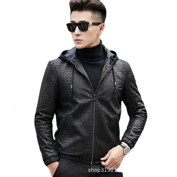 

men's leather faux natural genuine clothe haining sheepskin printed hooded jacket casual trendy motorcycle 230324, Black