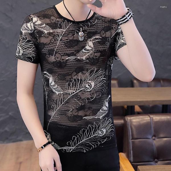 

classic fashion trend luxury leisure men's t shirts hollow shirt men lace mesh flower short sleeve summer casual tshirt tee m-3xl r526, Black;brown