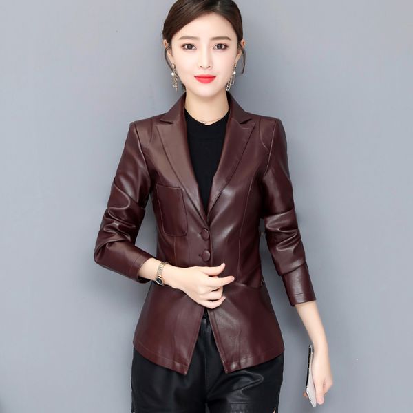 

women's jackets women leather small blazer spring autumn fashion suit collar single breasted slim sheepskin short coat split jacket 230, Black;brown