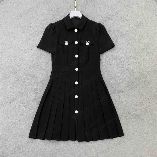 

black dress front bump color letters embroidery custom button lapel dress hemline pleated design high waist slim maxiskit summer dresses, Black;gray