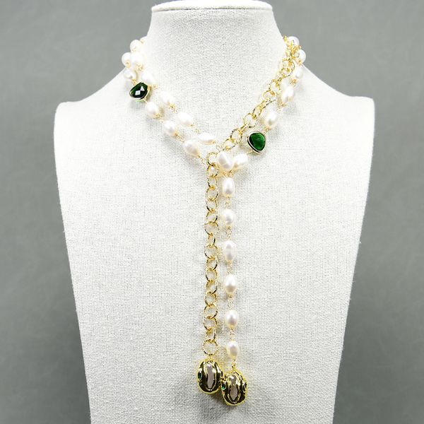 

cultured white baroque keshi pearl pendant gold plated fashion chain long necklace 44'' green crystal white quartz, Silver