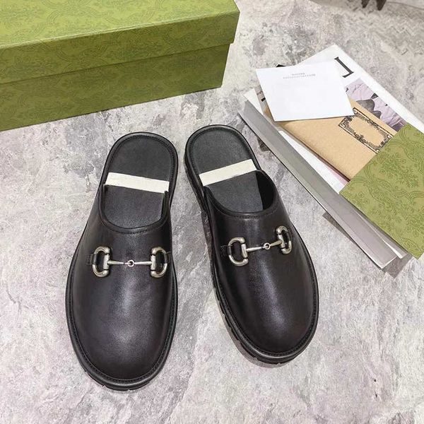 

designer luxury slippers mens flat slippers leather sandals luxury casual shoes half slippers metal chain shoes cowhide slippers no381, Black