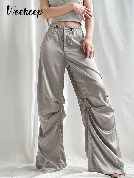 

women's pants s weekeep satin wide leg baggy drawstring jogging sweatpants 2023 summer fashion low rise trouser elegant streetwear 2303, Black;white