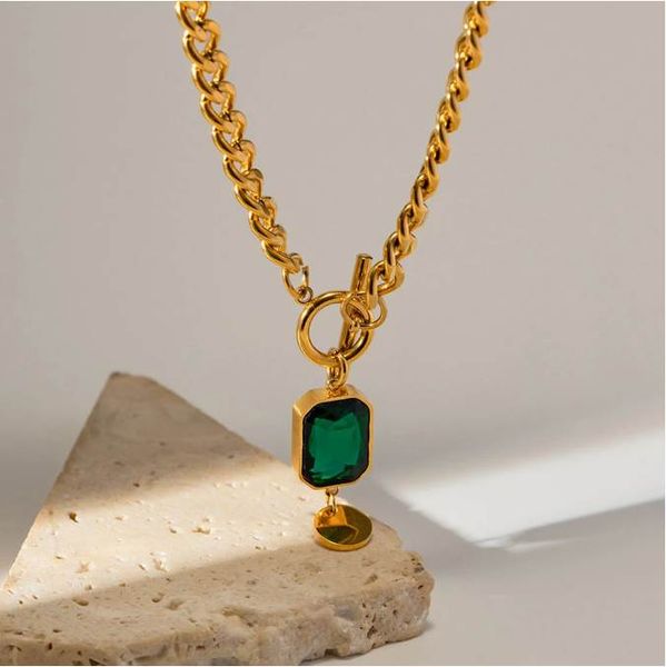 

18k gold plated stainless steel emerald cubic zirconia pendant necklace paperclip chain choker layering jewelry for women girls, Silver