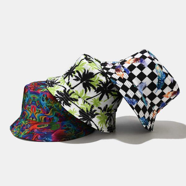 

wide brim hats ins double-sided can wear multi-color printed fisherman hat women spring and summer outdoor sun visor male bob casquette homm, Blue;gray