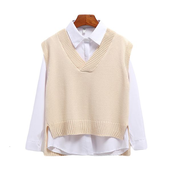 

women's vests women sweater vest v-neck knitted korean fashion knitwear spring autumn jumper female solid sleeveless pullover 220325, Black;white