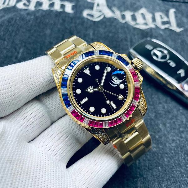 

luxury 40mm mens watch iced out bling diamonds automatic sapphire glasses stainless steel wrist silver stainless steel /rubber strap relojes, Slivery;brown