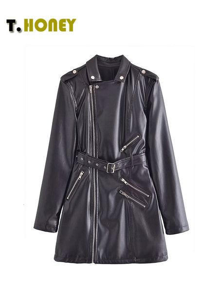 

women's jackets tellhoney women fashion lapel collar with belt front zipper faux leather jacket female long sleeves pockets dress outfi, Black;brown