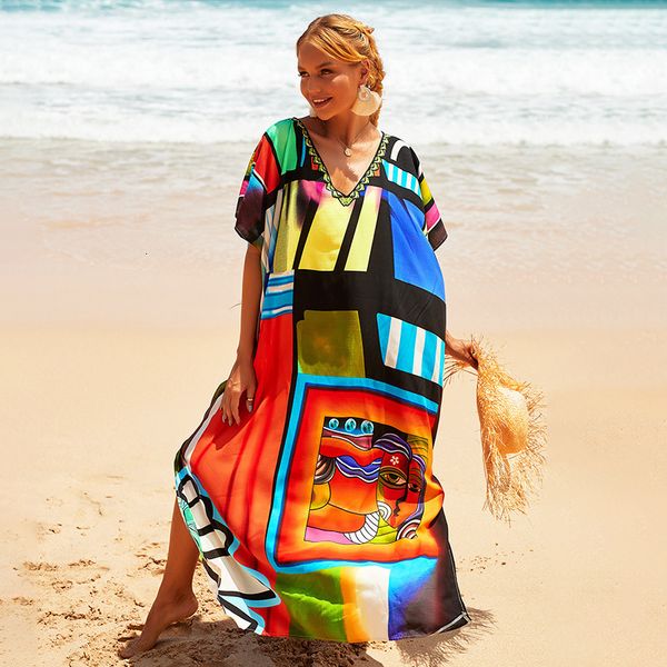 

women's swimwear fashion swimsuit cover-up kaftan bohemian boho maxi dress cotton summer vestidos mujer verano kimono 220325, White;black