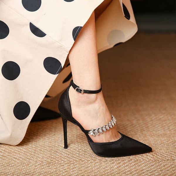 

dress shoes summer women's satin solid color buckle high heels fashion pointed toe stiletto fairy bow toe rhinestone banquet sandals g2, Black