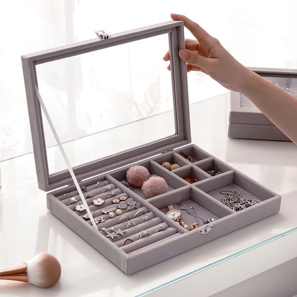 

jewelry boxes velvet glass ring earring jewelry display organizer box tray holder storage case 230324, Black;white