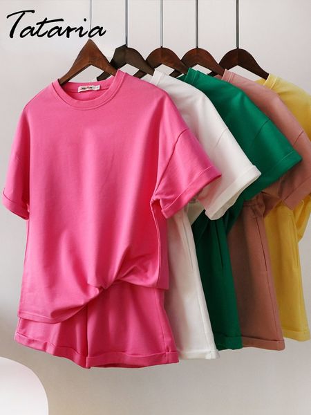 

women's two piece pants classic tracksuit casual green suit shorts with t-shirt for and loose oversize 100% cotton summer sets 230325, White