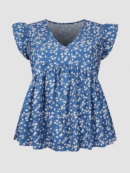 

women's plus size tshirt finjani ditsy floral vneck peplum blouse plus size women casual temperament tshirt puff sleeve summer short sl, Black