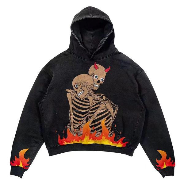

men s hoodies hooded vintage distress holes hoody skeleton printed skull fire jumper high street outerwear streetwear hip hop fashion, Black