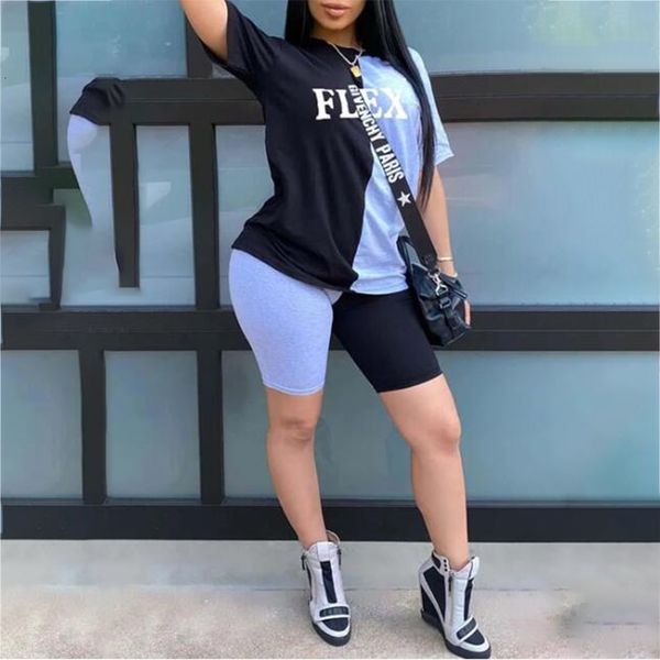 

women's two piece pants plus size 5xl women summer clothing fashion sweatsuits flex shorts sets outfits splicing short sleeve tracksuit, White