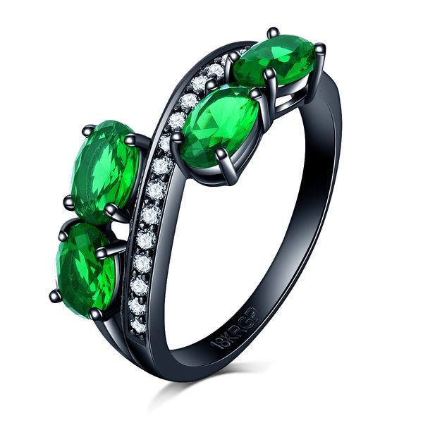

luxury unique emerald brilliant-cut green diamond wedding princess ring set for women girl engagement band 18k black gold filled eternity je, Slivery;golden
