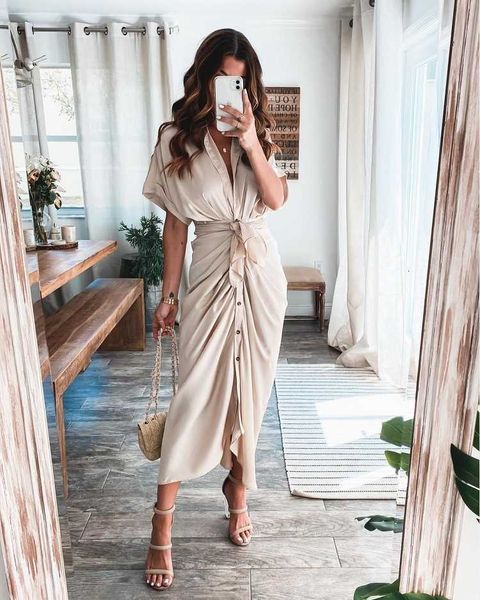 

summer new arrivals fashion women clothing solid satin short sleeve midi dress office lady elegant casual shirt dresses, Black;gray