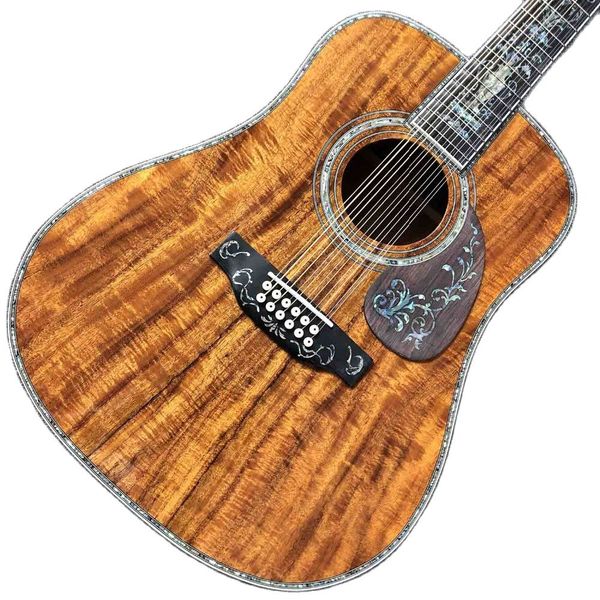 

custom 12 strings solid koa wood guitar ebony fingerboard real abalone shell binding and inlay acoustic electric guitar