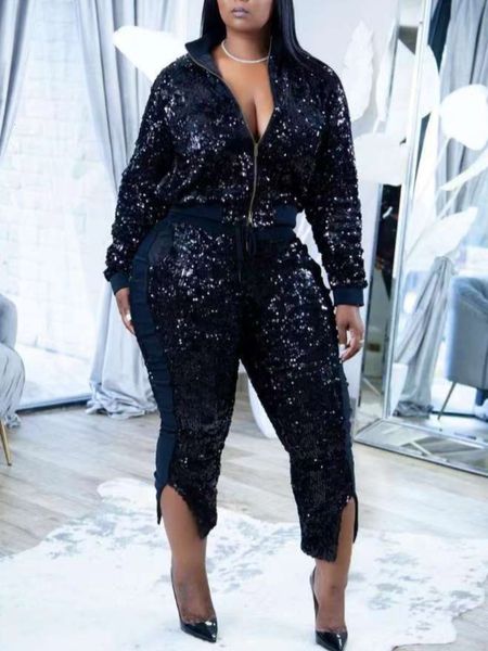 

women's plus size pants lw sequined zipper design set glitter silver party two piece women club night outfits fashion suit 230324, Black