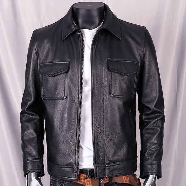 

men's leather faux 2023 autumn winter classic motorcycle jackets men turndown collar natural cowhide thick moto 230324, Black