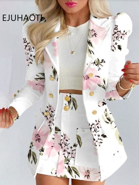 

two piece dress spring long sleeve solid color jacket with mini skirt twopiece suit tailleur femme blazer and set 230324, White