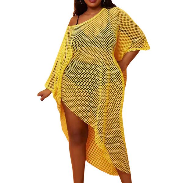 

women's swimwear xl-4xl big size beach dress for women yellow mesh hollow out cover up irregular loose seaside lady plus 220325, White;black