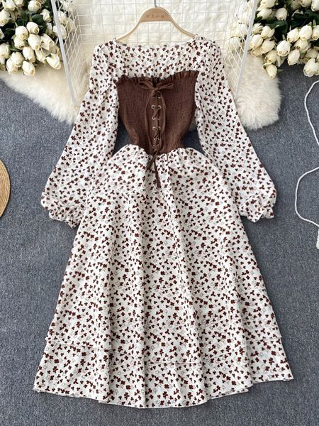 

casual dresses yuoomuoo vintage floral print gothic bandage long women elegant puff sleeve elastic waist party 230324, Black;gray