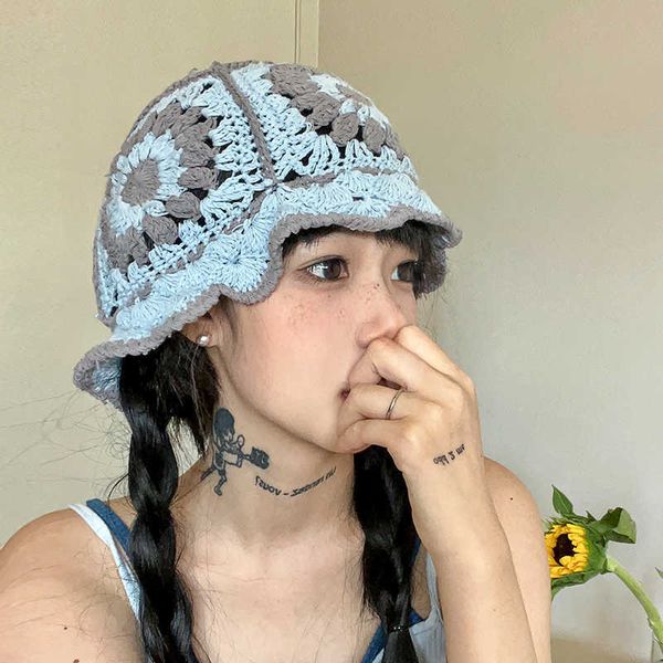 

wide brim hats korean retro style crochet hollow bucket hats french bohemian women's hat spring and summer breathable knitted basin cap, Blue;gray