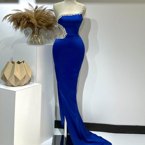 

royal blue prom dresses one shoulder sleeveless split celebrity party evening dress for women custom made vestido de fiesta, Black