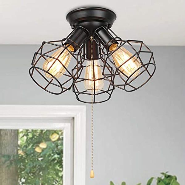 

farmhouse semi flush mount ceiling light fixture, 3-light oil black pull string industrial cage ceiling light