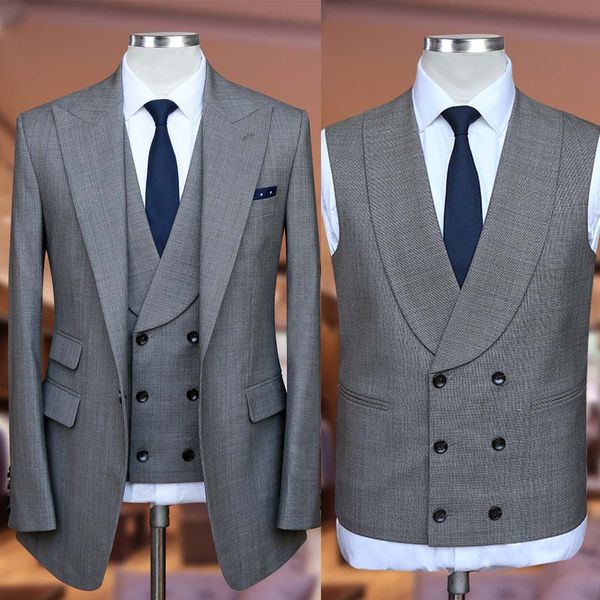 

groom wear 3 pieces tuxedo gray men suits 2023 slim fit peaked lapel one button tailor made jacket pants vest, Black;gray