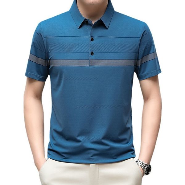 

men's polos men's short-sleeved offset printed ice silk t-shirt summer loose elastic tee young dad polo shirt 230325, White;black