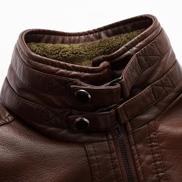 

men's leather faux warm jacket stand collar men fleece long sleeve lined zip short 230324, Black