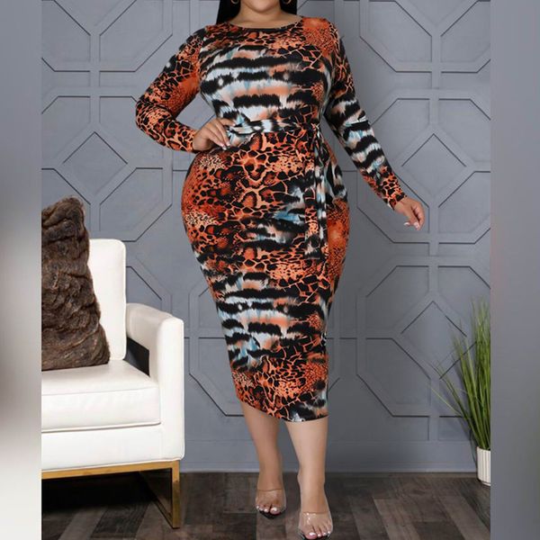

plus size dresses fashion printed leopard print waistband midi dress round neck long sleeve slim stretch size women clothing wholesale 23032, Black