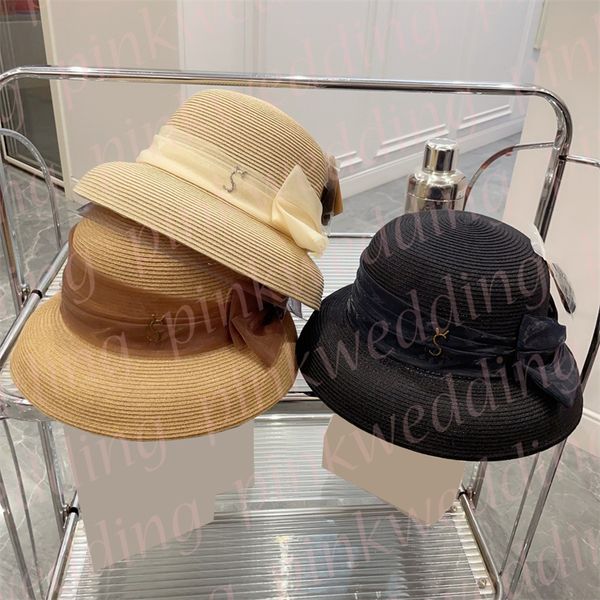 

women vacation sunscreen hat fashion designer summer bucket hat metal letter dome straw hats, Blue;gray