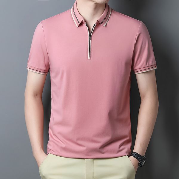 

men's polos mens solid color polo shirt lapel short sleeved polos shirt zipper collar men fashion summer breathable slim t-shirt 23032, White;black