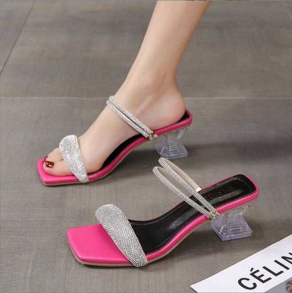 

dress shoes women's high heel sandals 2022 summer new rhinestone belt transparent horseshoe heel slippers fashion party women sandals g, Black