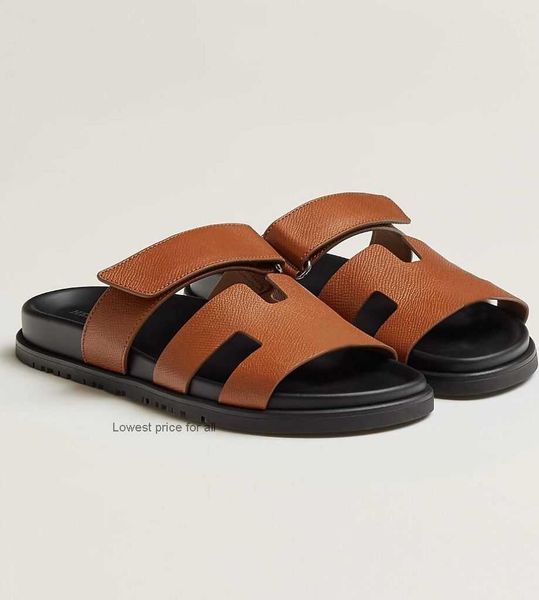 

summer luxury men's chypre sandals shoes calfskin leather slip on beach slippers comfort slide flats man adjustable strap casual walkin, Black