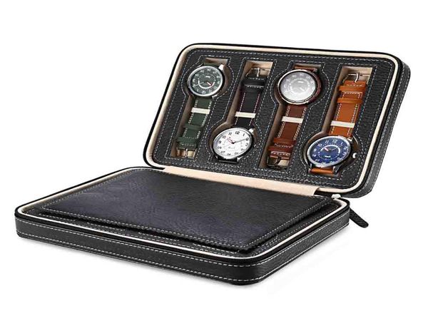 

8 grids pu leather watch box storage showing watches display storage box case tray zippere travel jewelry watch collector case8364135, Black;blue