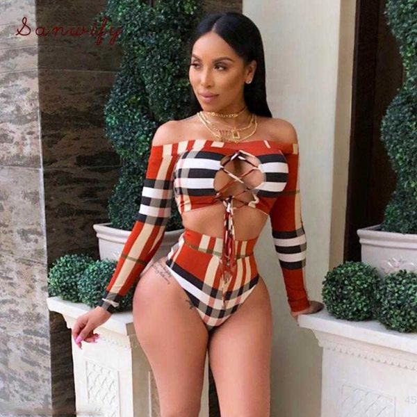 

bathing burberies burbreries bikini bandage yrerys print set women swimsuit women's sleeve waist swimwear high thong tankini long suit, White;black
