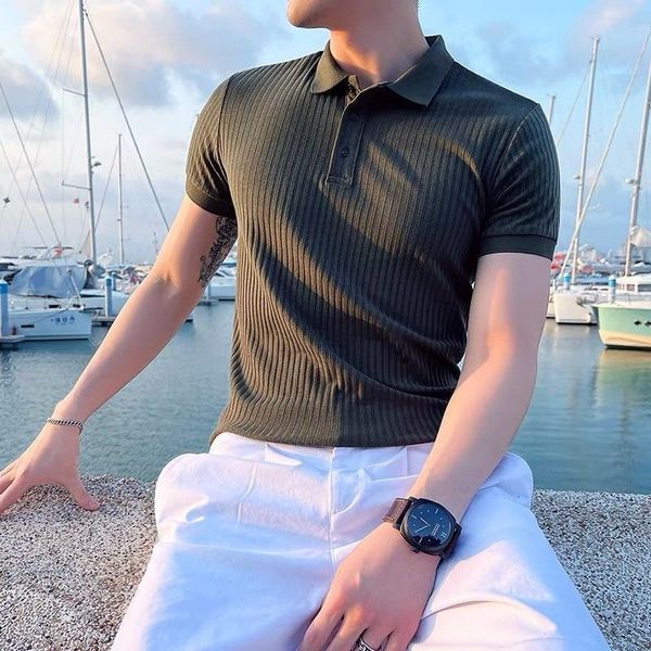 

men's polos men's summer striped knitted polo shirts breathable ice silk t-shirt half button comfy solid tees for vacation 230325, White;black