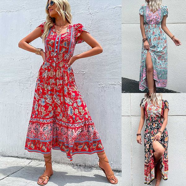 

beach dress bohemian summer rayon viscose ladies fashion flower printed vestidos clothing women vintage floral casual, Black;gray