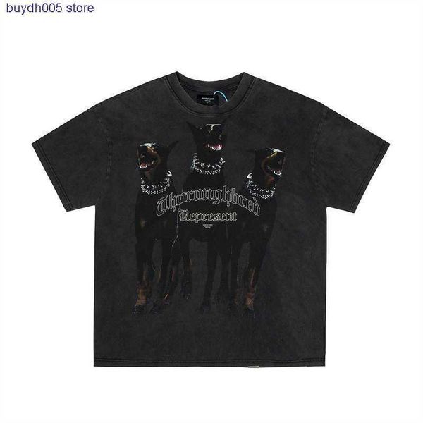 

oo5y 2023 new men's and women's t shirt fashion design brand present doberman hound print used wash water short sleeve high street, White;black