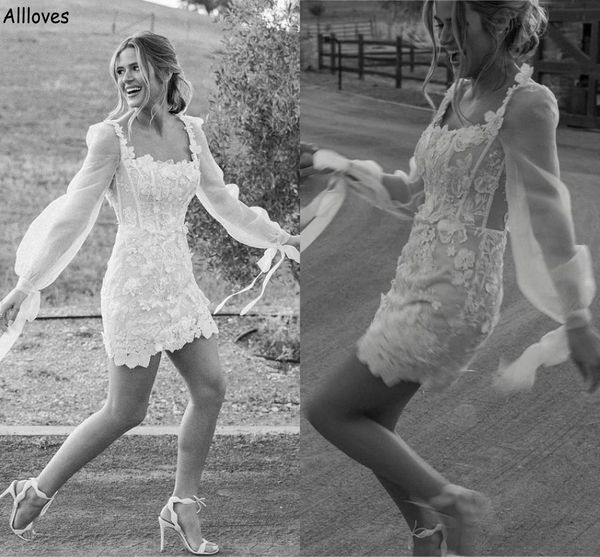 

puff illusion long sleeves sheath wedding dresses square neck lace appliqued beach boho bridal gowns little white short mini bride dress for