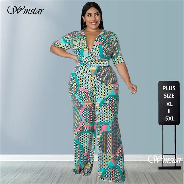 

women's plus size jumpsuits rompers wmstar women jumpsuit summer clothes printed v neck with belt urban leisure shirts bodysuit wholesa, Black